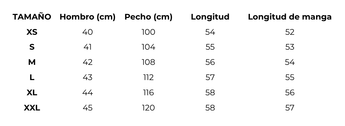 Tabla de medidas ABRIGO CORTO EFECTO PELO