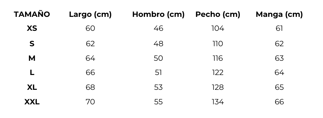 Tabla de medidas CHAQUETA PIEL